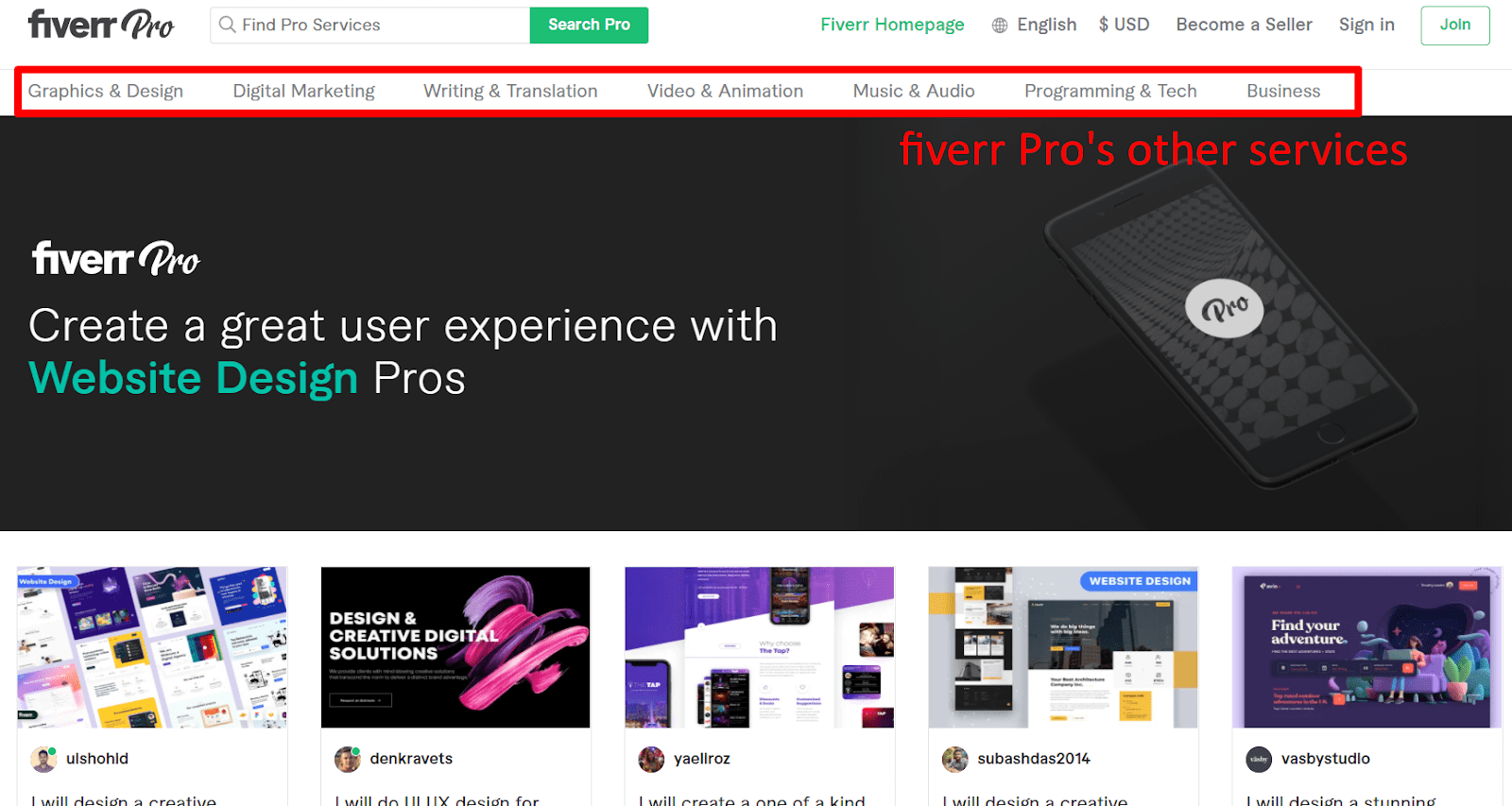 Fiverr Pro website design page