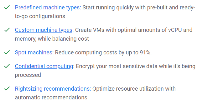 Feature list for Google Cloud's general purpose VMs