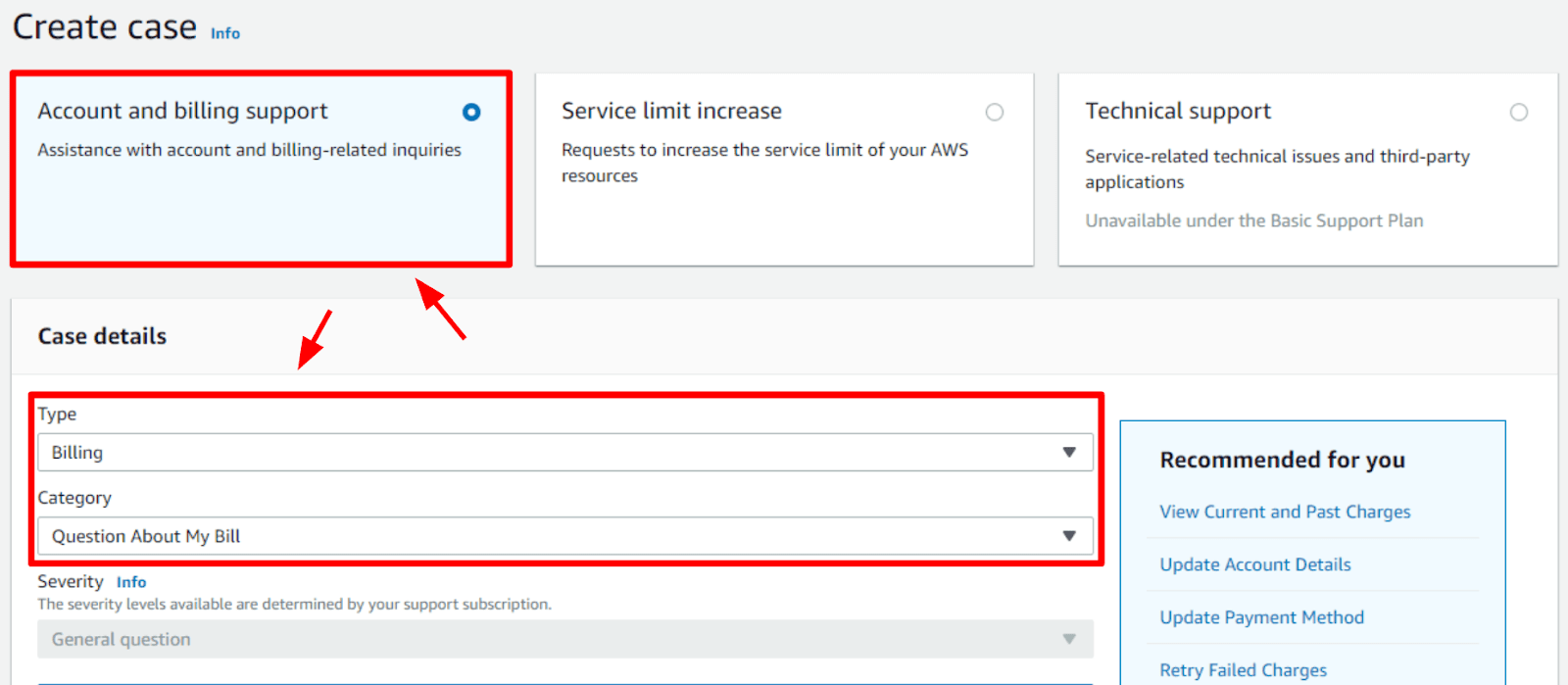 Amazon AWS create support case form