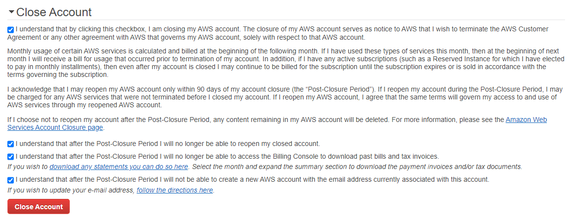 Amazon AWS account closure terms