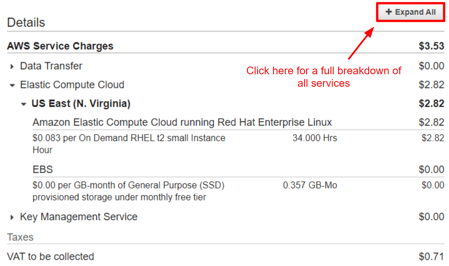 Amazon AWS bill breakdown