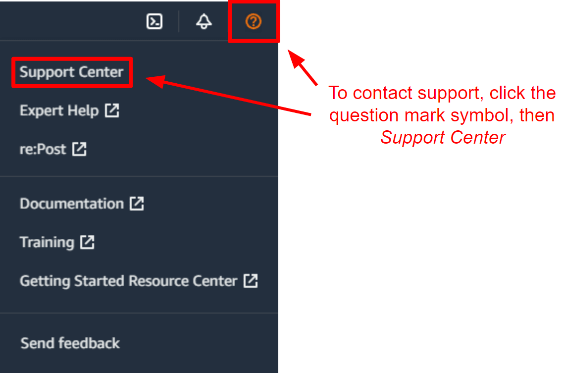 Amazon AWS support menu