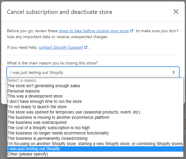 Canceling your Shopify account
