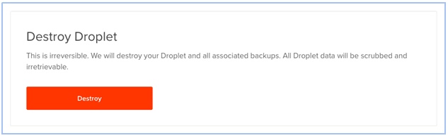 DigitalOcean destroy Droplet confirmation screen