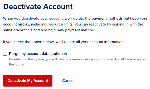 DigitalOcean deactivate account confirmation