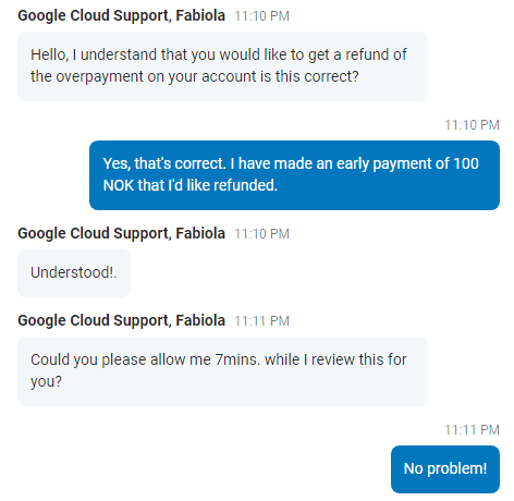 Google Cloud live chat support interaction