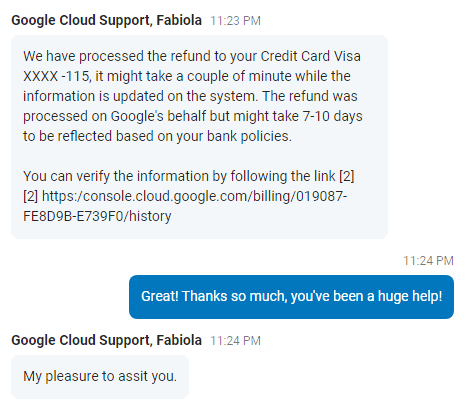 Google Cloud live chat support interaction