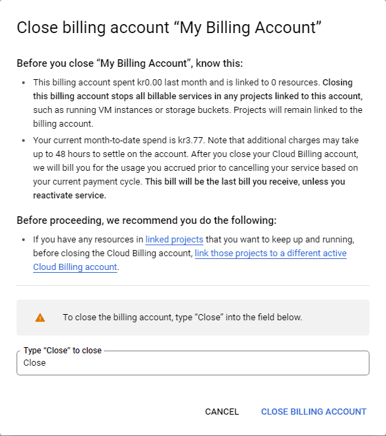 Google Cloud account closure summary