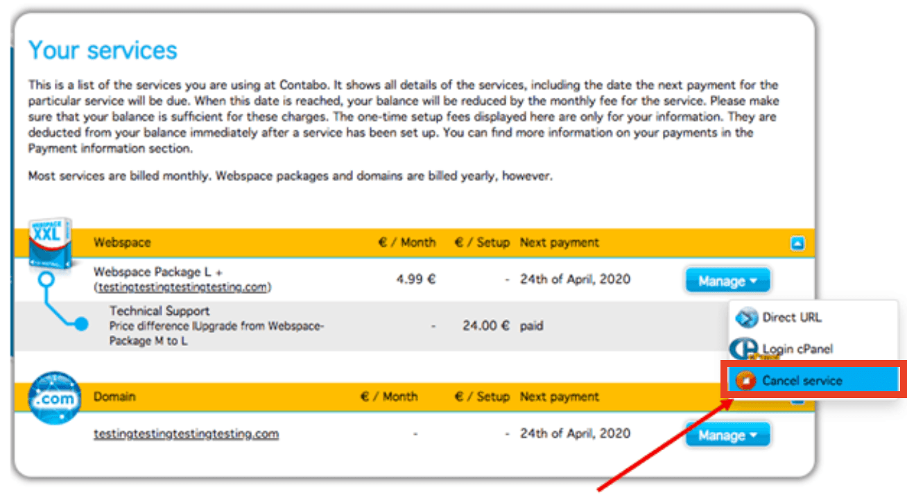 Contabo, cancel service