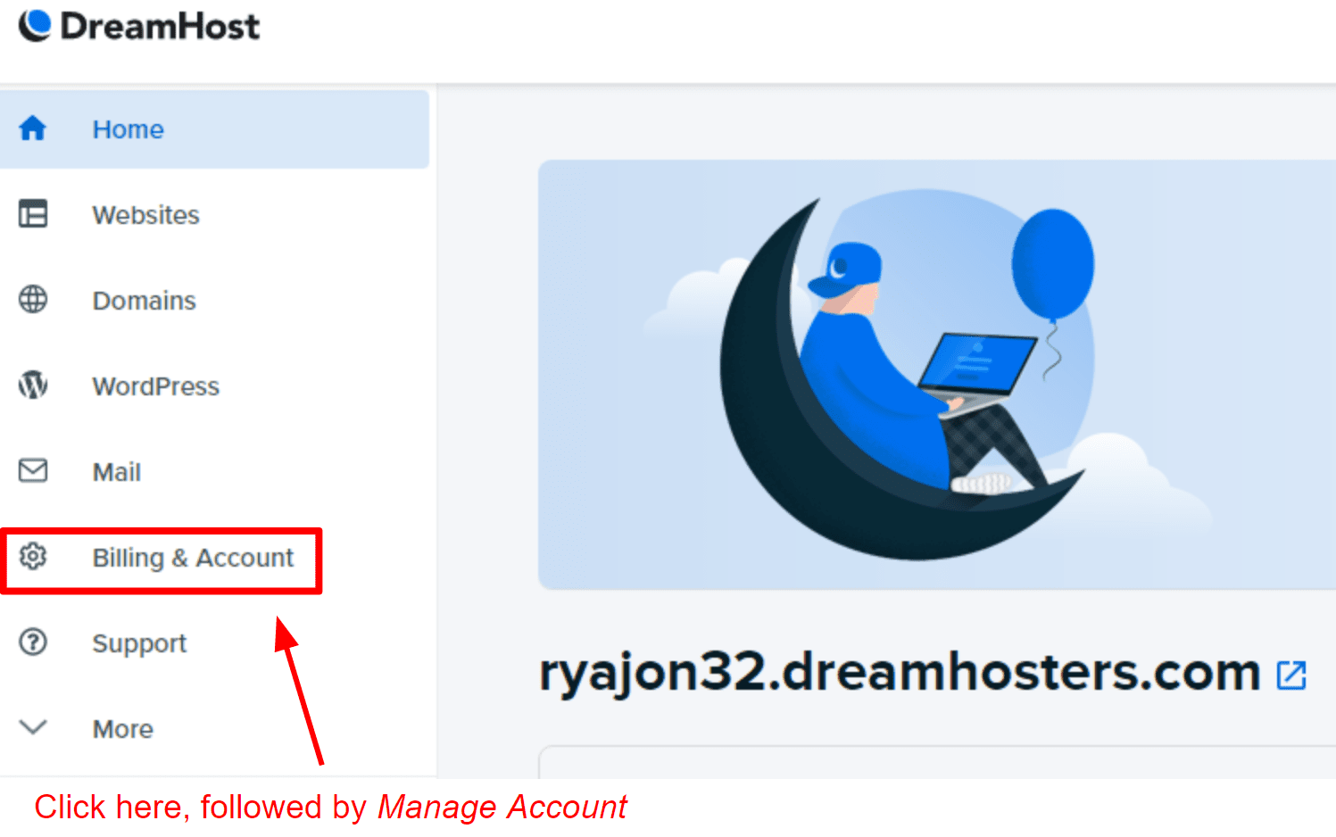 DreamHost control panel home page