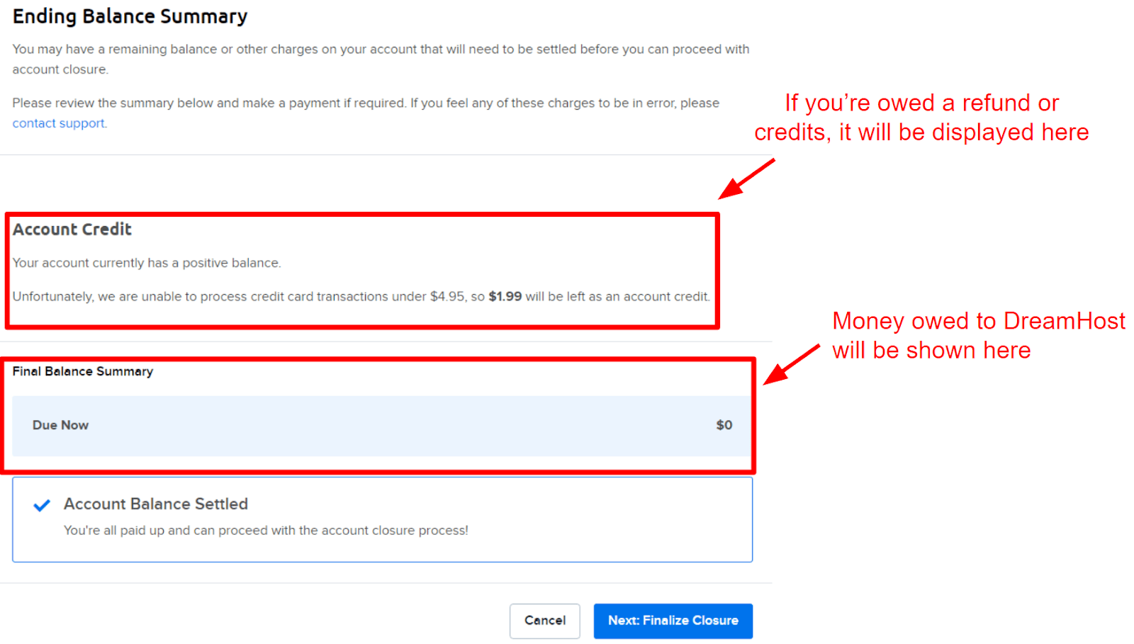 DreamHost cancellation balance summary