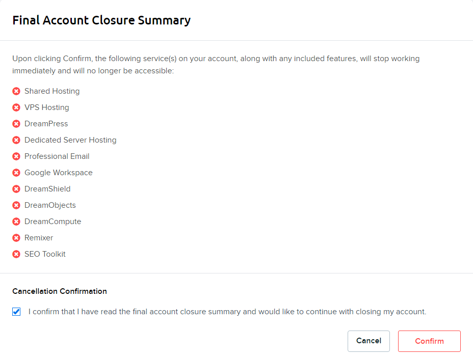 DreamHost account closure summary