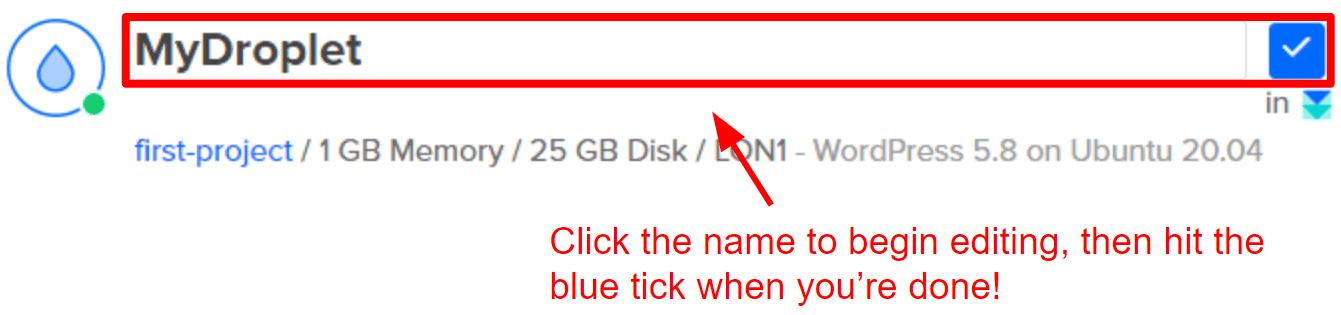 DigitalOcean interface for editing a Droplet name