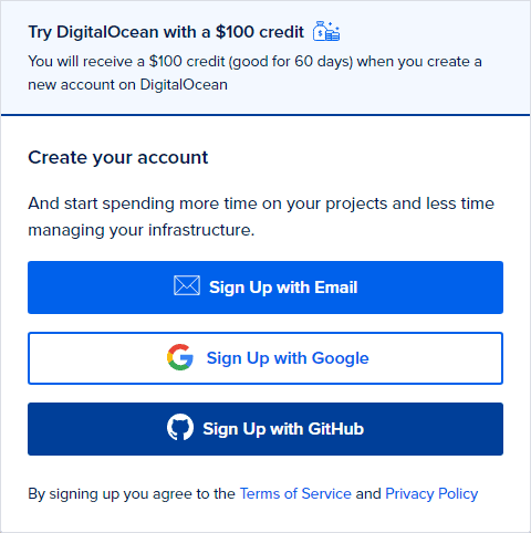 DigitalOcean's account creation methods