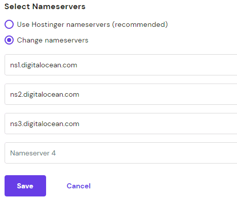 Hostinger nameserver edit screen