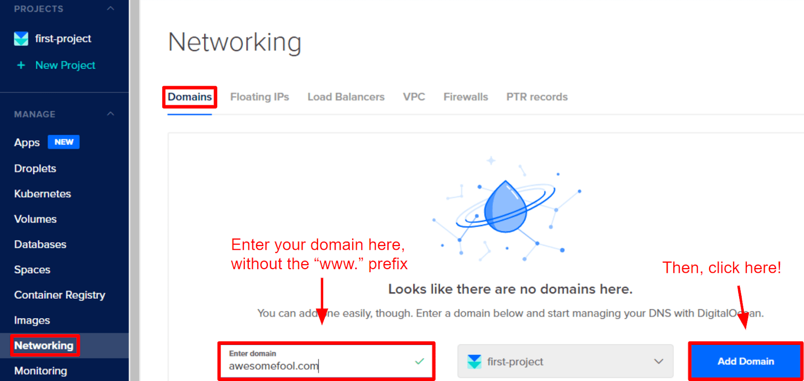 DigitalOcean "Networking" screen