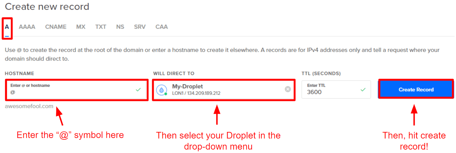 DigitalOcean DNS A record creation interface