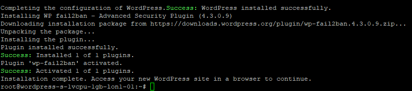 PuTTY WordPress installation success screen