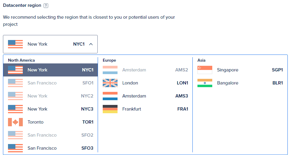 DigitalOcean's data center selection