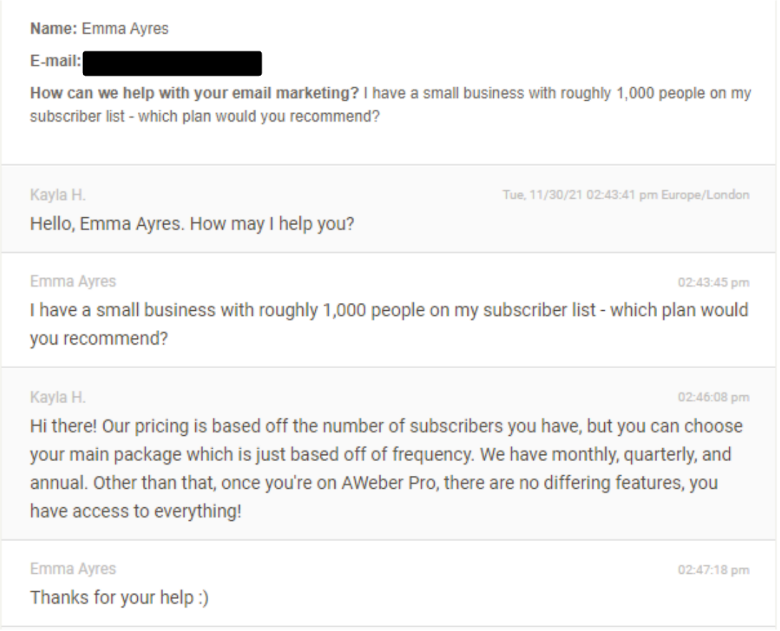 Conversation with AWeber email customer support