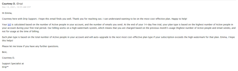 Conversation with Drip email customer support