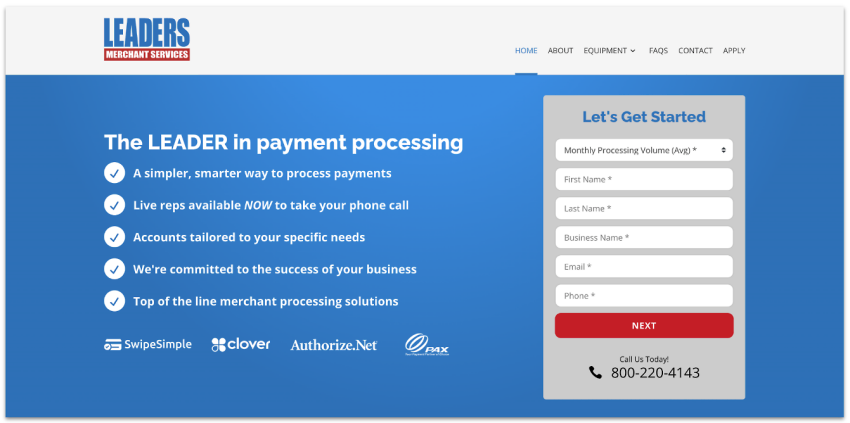 Leaders Merchant Services' homepage