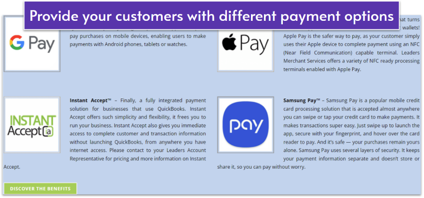 Leaders Merchant Services' payment options