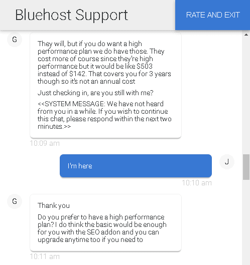 Screenshot of a Bluehost live chat conversation