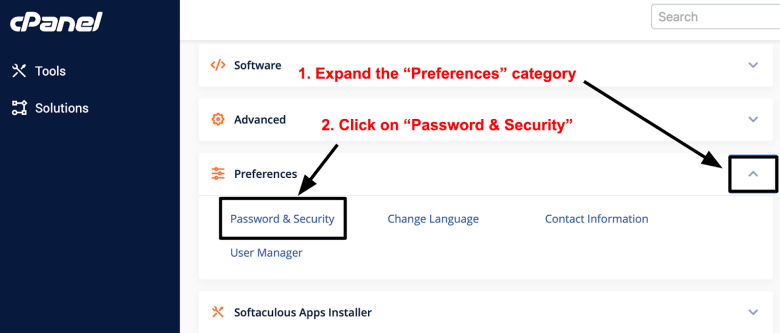 cPanel Preferences - Password & Security
