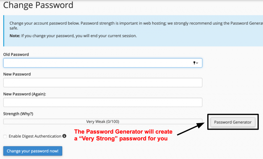 cPanel Change Password form
