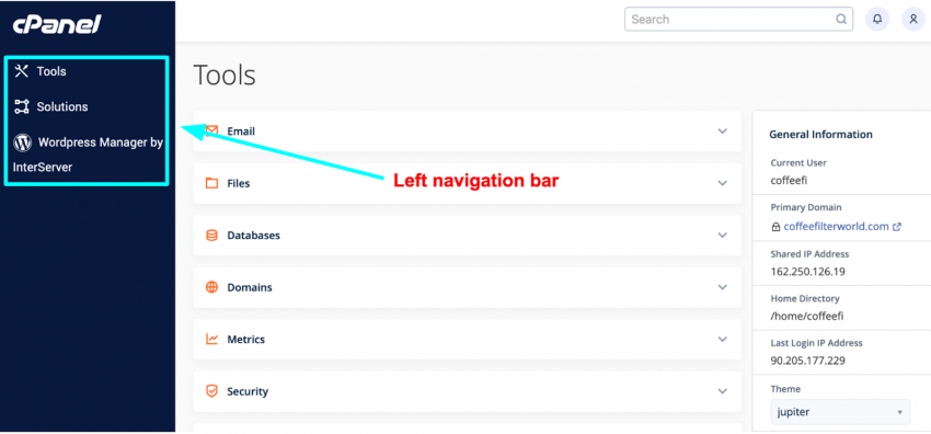 cPanel left navigation bar