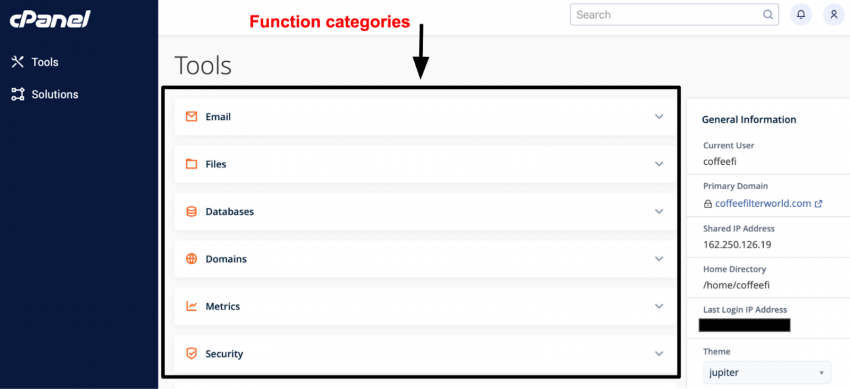 cPanel Tools categories