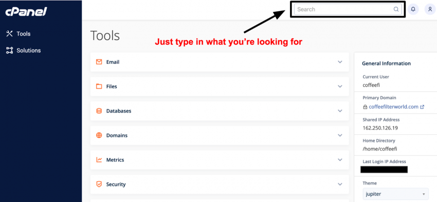 cPanel Search bar