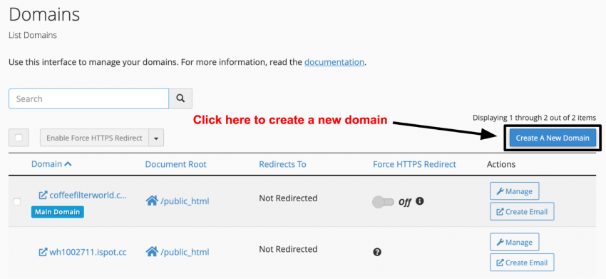 cPanel Create a New Domain button