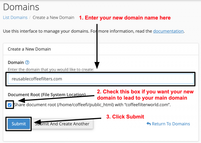 cPanel new domain creation page