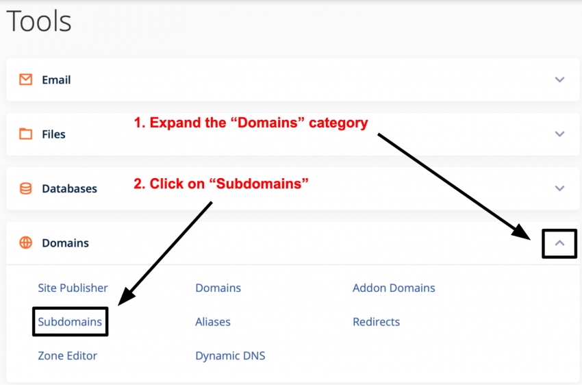 cPanel Domains category - add a subdomain