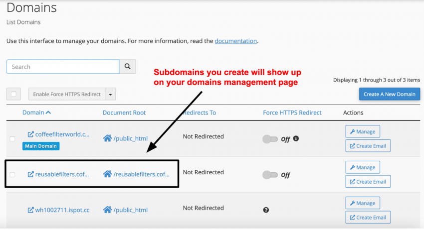 cPanel subdomain on domains management page