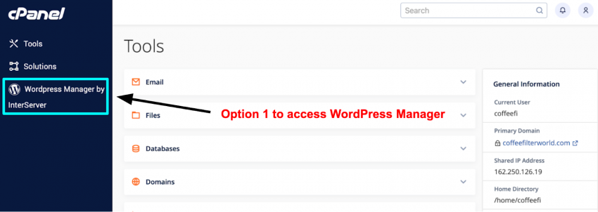 cPanel left navigation WordPress Manager