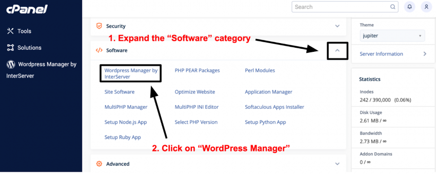 cPanel Software category WordPress Manager