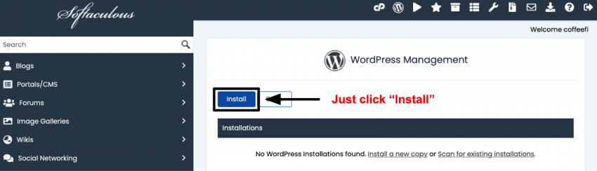 Softaculous WordPress Manager Install page