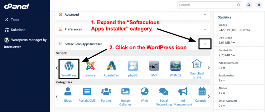 cPanel Apps Installer category - WordPress