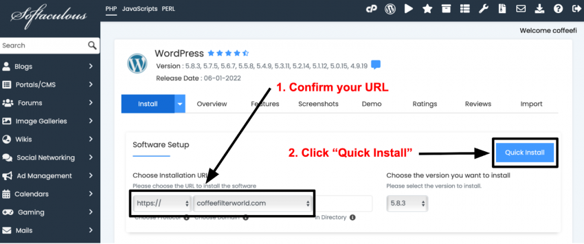 Softaculous WordPress quick install