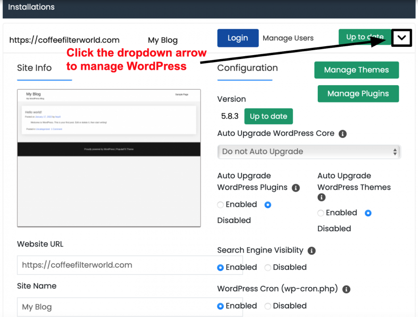 Softaculous WordPress install manager