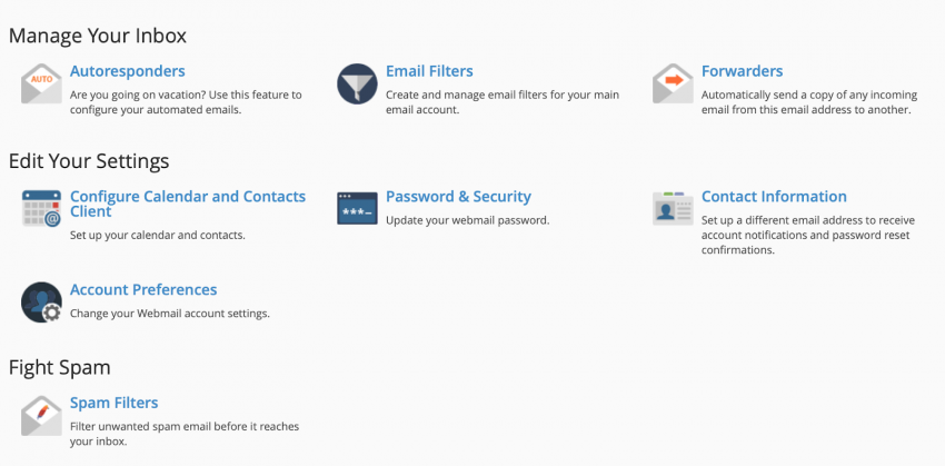 cPanel email account settings - alternate view