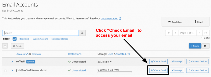 cPanel email accounts page - check email