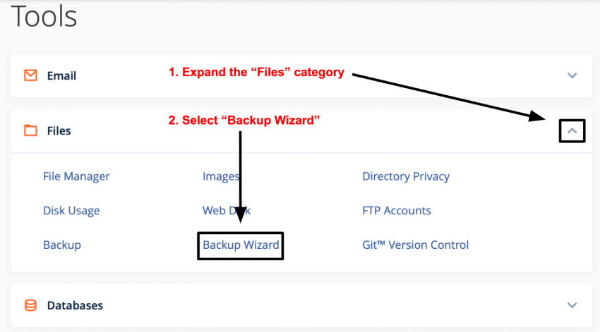 cPanel Files category - Backup Wizard