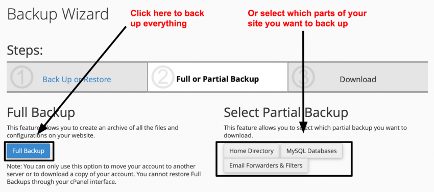 cPanel Backup Wizard - full or partial backup