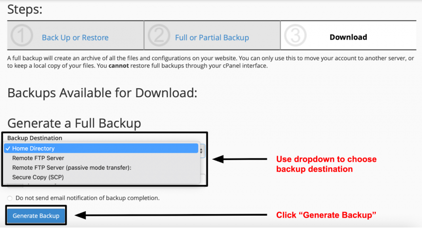 cPanel Backup Wizard - generate backup