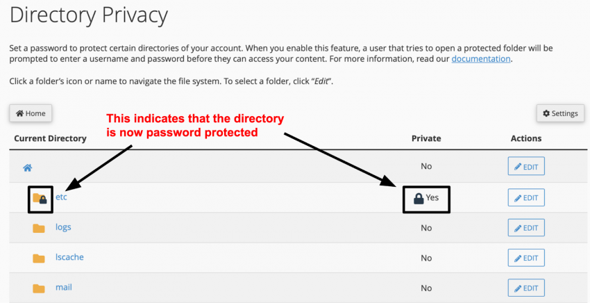 cPanel Directory Privacy - password protection indicators