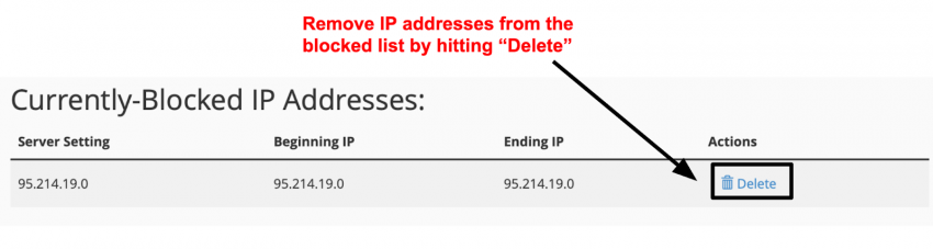 cPanel Currently-Blocked IP Addresses list